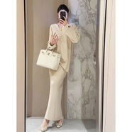 紅色v領(lǐng)針織套裝裙女秋冬新款韓版寬松高級感高腰半身長(cháng)裙兩件套 杏色兩件套 XL (建議135-145斤）