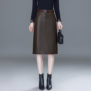 虞萌馨迪綿羊皮半身裙真皮皮裙女2025秋冬高腰百搭中長(cháng)款開(kāi)叉OL直筒包臀裙 咖色 L