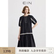 EIN言法式苧麻鏤空花邊裝飾圓領(lǐng)連肩袖文藝連衣裙女2025夏新款 石墨黑 M