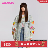 LALABOBO設計感水果刺繡寬松牛仔外套女裝潮休閑個(gè)性毛邊夾克LBDC-WSJW11 淺藍白 常規 S