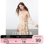 三彩2025春季新款吊帶印花網(wǎng)紗裙連衣裙浪漫荷葉邊長(cháng)裙M