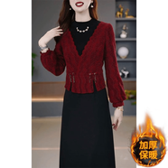 夏典素訂女王（SE.PSTP）高端配大衣加厚連衣裙女2025秋冬新款媽媽長(cháng)袖感婚宴禮服裙子 酒紅+黑裙假兩件 3XL 【建議131-145斤左右】