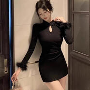 小個(gè)子改良旗袍連衣裙女2023秋冬季新款毛毛袖修身針織包臀短裙子 黑色 均碼