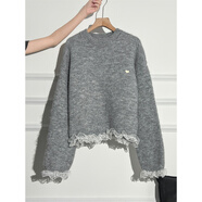 無(wú)季優(yōu) 韓系下擺蕾絲加厚毛衣女外套秋冬慵懶設計感長(cháng)袖針織衫上衣 灰色 均碼