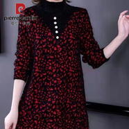 皮爾卡丹水絨m媽加厚打底連衣裙秋冬新款中長(cháng)款毛衣寬松針織毛衣裙 紅色豹紋 XL 建議125-135斤