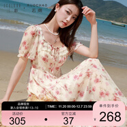 三彩大碼女裝2025夏季新款法式方領(lǐng)雪紡印花連衣裙短袖收腰浪漫胖MM