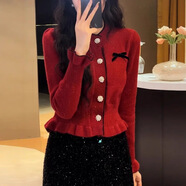 日本JP小香風(fēng)紅色毛衣外套女秋冬2025新款爆款時(shí)尚洋氣短款針織開(kāi) 紅色 S 建議80-95斤穿