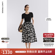 朗姿雙色針織拼接撞色印花連衣裙2025年夏季新款a字高腰碎花裙 夜幕黑色 M