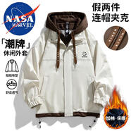 NASA MARVEL夾克男秋冬季連帽假兩件外套加絨防風(fēng)寬松情侶裝 米白色加絨 2XL