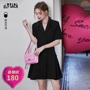 妖精的口袋高腰露背黑色休閑西裝連衣裙女2024夏新款顯瘦氣質(zhì)裙子 神秘黑色 M