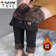 啄木鳥(niǎo)（TUCANO）加絨高腰牛仔長(cháng)褲女松緊腰加大尺碼胖MM小腳褲2025秋季新款女士長(cháng) 灰色羊羔絨909 30 建議120-130斤