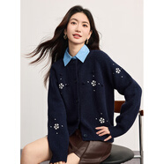 熙世界（sllsky）雪花刺繡毛衣開(kāi)衫女慵懶感2025秋冬新款圓領(lǐng)針織短外套 深寶藍 L