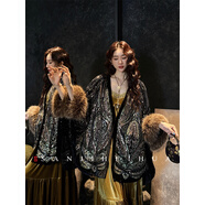 三吉黑花【維多利亞】巨好看的初冬重工滿(mǎn)幅珠繡毛袖袍子獨特漂亮 墨黑 L