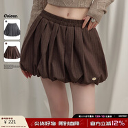 UNIFREE條紋波點(diǎn)毛呢半身裙韓系新品復古高腰通勤百褶短裙花苞裙 咖色 M