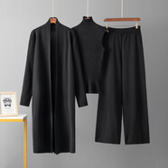 歐美洋氣純色休閑套裝女披肩外套V領(lǐng)打底針織衫闊腿長(cháng)褲三件套 黑色 均碼