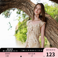 三彩2025夏季新款荷葉邊連衣裙法式收腰A字裙魚(yú)尾長(cháng)裙浪漫M 卡其色花卉 M 160/84A