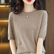 孜茜春款圓領(lǐng)套頭純羊毛短袖毛衣女寬松韓版半袖針織打底衫薄款T恤 駝色 M