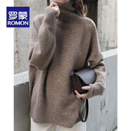 羅蒙（ROMON）新款重磅歐美高領(lǐng)羊毛衫女加厚毛衣寬松套頭慵懶風(fēng)針織打底 深駝色 3XL