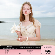 三彩2025夏季新款木耳邊荷葉袖蝴蝶印花雪紡連衣裙大擺長(cháng)裙M 杏色花卉 XL 170/92A