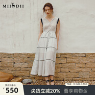 謎底條紋連衣裙女夏季新品優(yōu)雅淑女V領(lǐng)荷葉袖長(cháng)裙242ML0669 本白條 M