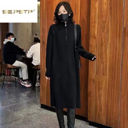 夏典素訂女王秋冬拉鏈領(lǐng)針織連衣裙長(cháng)款過(guò)膝內搭打底衫韓系立領(lǐng)中長(cháng)款毛衣裙厚 黑色 S