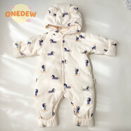 ONEDEW英國輕奢品牌寶寶熊耳朵連體棉服夾棉加厚連體衣秋冬季連帽外出服 藍條狗 59cm 均碼