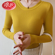 浪莎秋冬新款長(cháng)袖低圓領(lǐng)套頭毛衣修身百搭打底衫女純色針織衫線(xiàn)衣 姜黃色 3XL 135-145斤穿