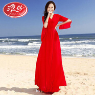 浪莎2025春夏新款長(cháng)袖雪紡過(guò)膝大擺連衣裙大紅色波西米亞沙灘度假長(cháng)裙 紅色 S (85-100斤)
