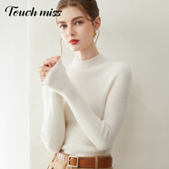 塔馳密司（touchmiss）無(wú)縫一體純山羊絨衫女半高領(lǐng)緊身顯瘦抽條針織打底衫毛衣 奶白色 M