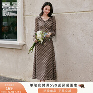 香影復古格紋法式連衣裙女2025秋季新款垂感系帶長(cháng)袖荷葉邊v領(lǐng)裙 咖色 S 55/80A/85-95斤
