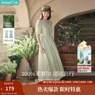 茵曼（INMAN）法式薄荷曼波連衣裙2024夏女裝新品V領(lǐng)燈籠袖抽繩 水沫綠 L