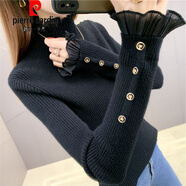 皮爾卡丹（pierre cardin）2025春秋冬女式半高領(lǐng)毛衣下擺襯衫新款內件絨面加厚高底蕾絲上衣 黑色【女士/冬裝/毛衣衫//歐洲站/少女/外穿 S (85-95斤)