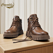 鱷魚(yú)恤馬丁靴男冬季英倫風(fēng)防滑耐磨復古休閑皮靴男士厚底工裝潮鞋 紅棕 38