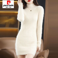 皮爾卡丹（pierre cardin）仿貂絨衫女中長(cháng)款半高領(lǐng)毛衣修身針織打底毛衣連衣裙顯瘦收腰坑條 米駝色 L 建議110-120斤左右