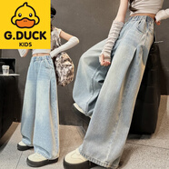 巴帝巴帝（Badibadi）嬰兒衣服女童牛仔褲春秋女孩休閑寬松秋天直筒寬褲秋款長(cháng)褲大童兒 口袋打桿牛仔褲 120