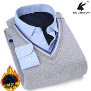 花花公子冬季保暖襯衫男加絨加厚款針織假兩件襯衣純棉中年爸爸裝 淺灰色8905 L L建議105-125斤