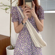 韓國chic夏季法式浪漫V領(lǐng)單排扣開(kāi)叉下擺中長(cháng)款短袖雪紡連衣裙女 紫色 均碼 均碼