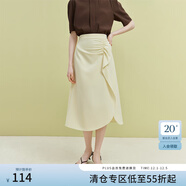 范思藍恩23FS12132荷葉邊抽褶半身裙通勤純色中長(cháng)款下開(kāi)叉半裙女 米色 M