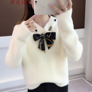 針織衫女士秋裝上衣加厚秋冬新款小清新馬海毛衣女寬松仿水套頭針織衫毛衣慵懶風(fēng) 白色 M