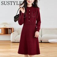 SUSTYLE奢侈高端品牌女裝高檔針織連衣裙新款百褶長(cháng)裙秋冬收腰顯瘦毛衣裙 酒紅色 L