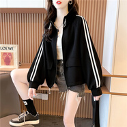 大尺碼女裝2024年新款春裝開(kāi) 衫短款外套女薄款厚棉T時(shí)尚洋派上衣 黑色 M _80-115斤