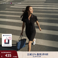 TOMMY HILFIGER25秋冬新款女裝珠地網(wǎng)眼氣質(zhì)休閑鑲邊V領(lǐng)顯瘦短袖POLO連衣裙 黑色001 XS