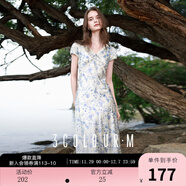 三彩2025夏季新款碎花連衣裙緞面提花斜裁A字裙蕾絲長(cháng)裙M 霧霾藍花卉 S 155/80A