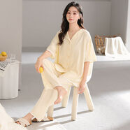 天絲莫代爾棉綢睡衣女25新款冰絲涼感短袖短褲夏季大碼家居服套裝 米黃色34242短長(cháng)套 M85-100斤