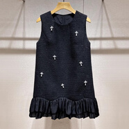 法式鑲鉆無(wú)袖A字連衣裙25春裝新款小香風(fēng)荷葉邊小個(gè)子氣質(zhì)背心裙 黑色 S