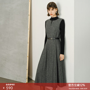 顏域綿羊毛格子連衣裙女款2025新款秋冬季復古中長(cháng)款無(wú)袖圓領(lǐng)裙子 灰格 L