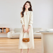 恒源祥（HYX）秋冬超長(cháng)款過(guò)膝毛衣裙女100%純羊毛針織連衣裙慵懶寬松外套保暖 花米色 6XL 建議200--220斤