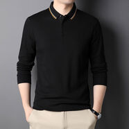 歐倫啄木鳥(niǎo)中年純棉長(cháng)袖T恤男秋冬翻領(lǐng)Polo衫條紋體恤打底衫時(shí)尚上衣 黑色7981M單面100純棉 3XL 185XXXL170斤-185斤