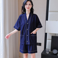 賽圖蒙睡衣男夏季短袖短褲薄款女士冰絲情侶睡衣大碼開(kāi)衫家居服套裝 女款-2303藏青 L （120-150斤）