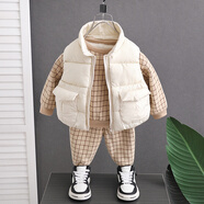 圓圓米米嬰兒套裝春裝男春秋裝兩件套1歲男女寶寶2衣服3秋冬季洋氣4加厚裝 格子冬裝加厚三件套卡其色 90 碼適合80-85cm約1-2歲